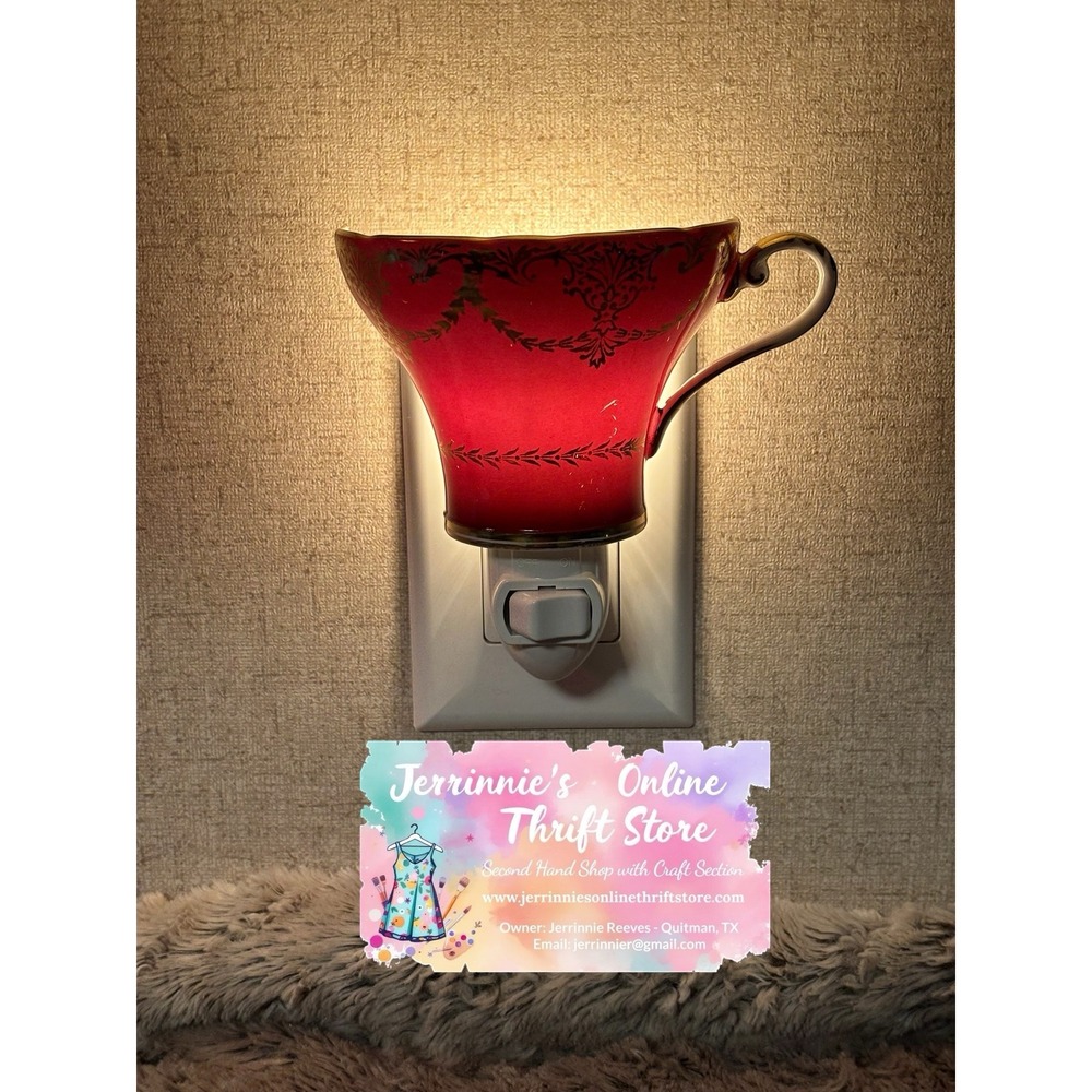 Vintage Red Gold Filigree Teacup Night Light Upcycled Porcelain Plug-In Lamp‎